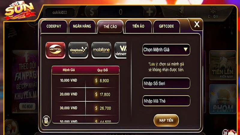 Có rất nhiều các hình thức nạp tiền Sunwin khác nhau